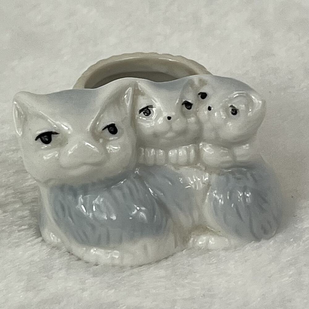 Vtg Porcelain Cat Family Toothpick Holder Gloss Glaze Figurine 2" Japan Style